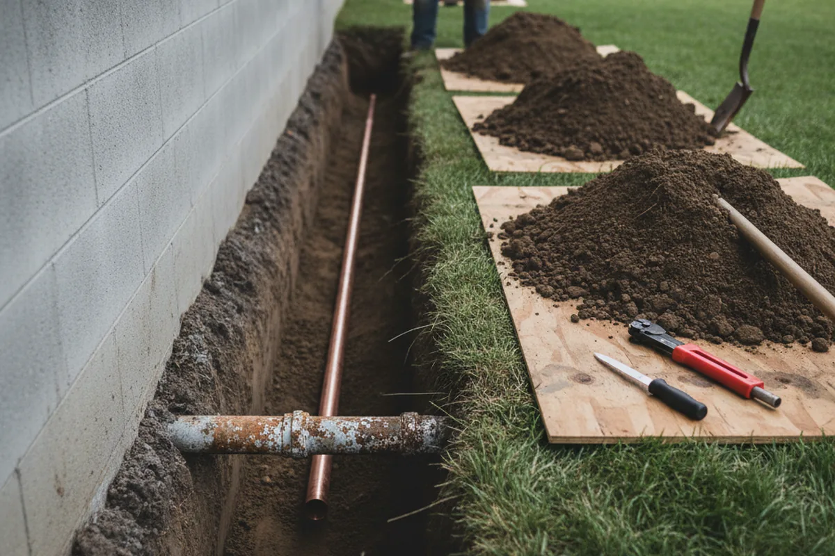 Excavated water line trench during Sewer Line Repair in Emington